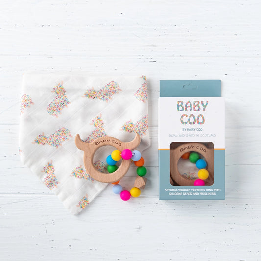 Highland Cow Teething Ring with Silicone Beads & Bib| Hairy Coo